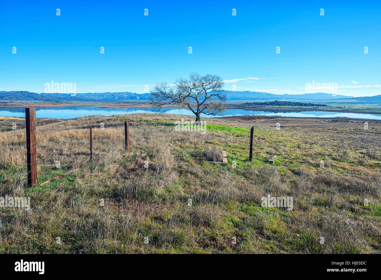 Vista de una pradera y el lago Henshaw. El condado de San Diego, California, Estados Unidos. Foto de stock