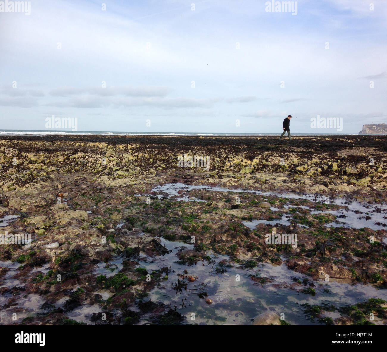 Hombre caminando sobre rockyseacoast en Normandía, en marea baja en invierno. Francia Foto de stock