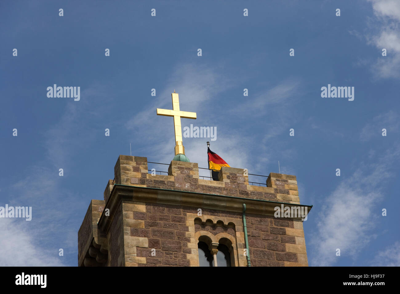 Histórico, romántico, cruz, barroco, rayos de sol, bandera, nublado, Turingia, Foto de stock