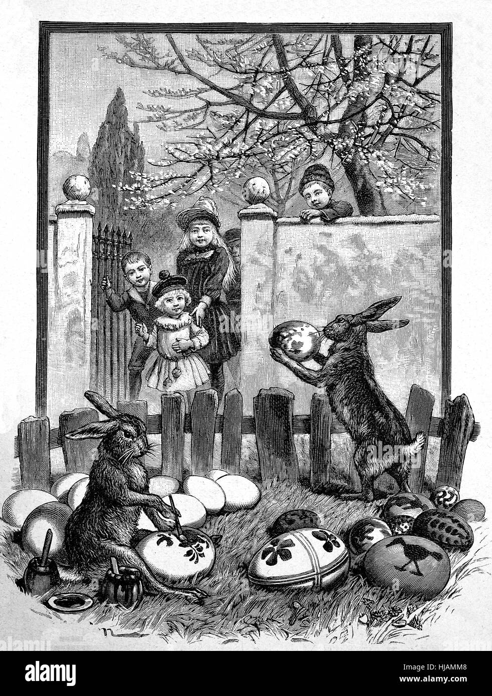Simbólico para la Pascua, el Conejo de Pascua, Conejito de Pascua o Easter Hare eastereggs de pintura para los niños, imagen histórica o ilustración a partir del año 1894, digital mejorado Foto de stock