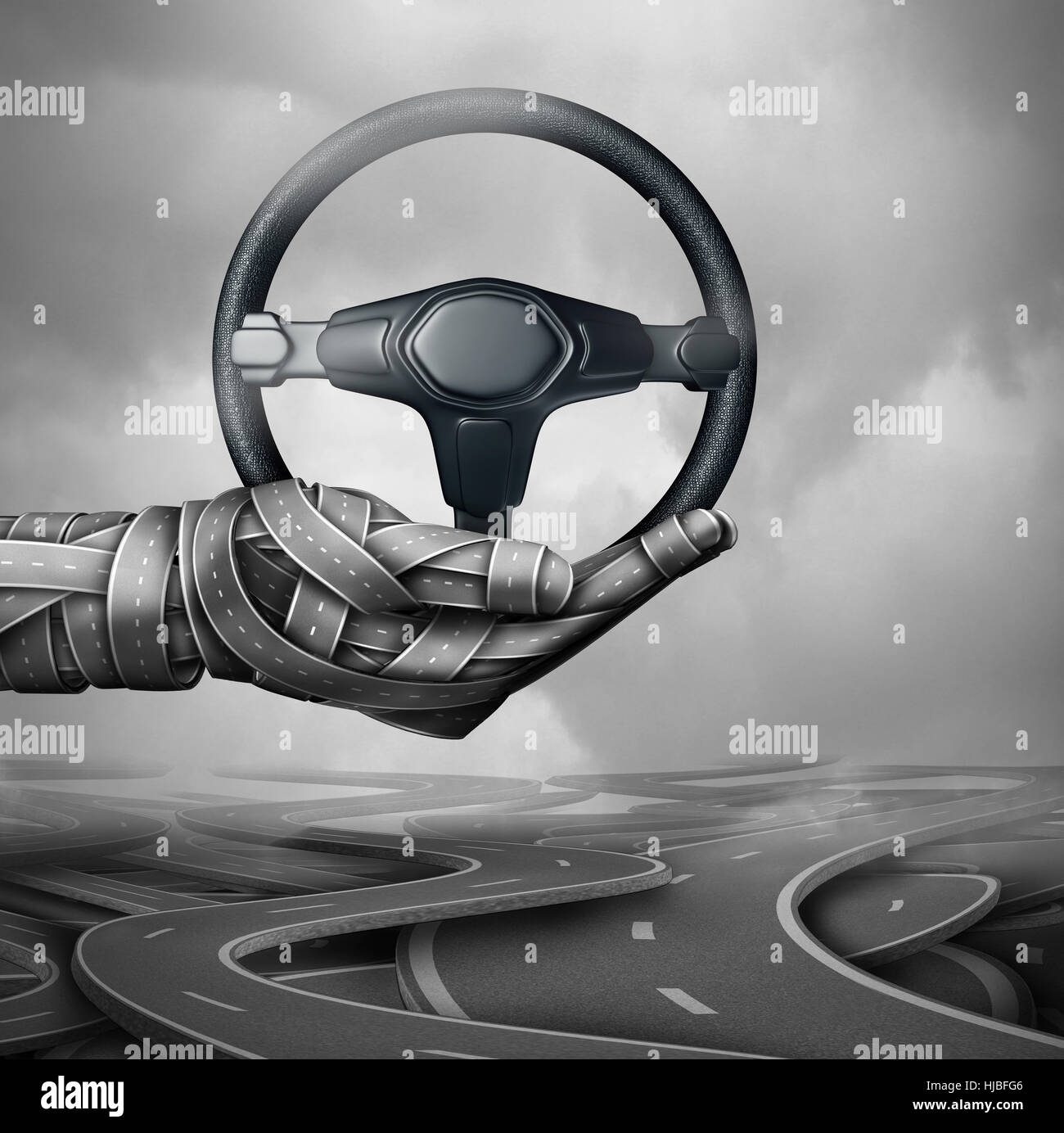 Concepto de asistencia en carretera y seguro de auto símbolo como un grupo de autopistas y calles con la forma de una mano sujetando un coche volante con ilustración 3D Foto de stock