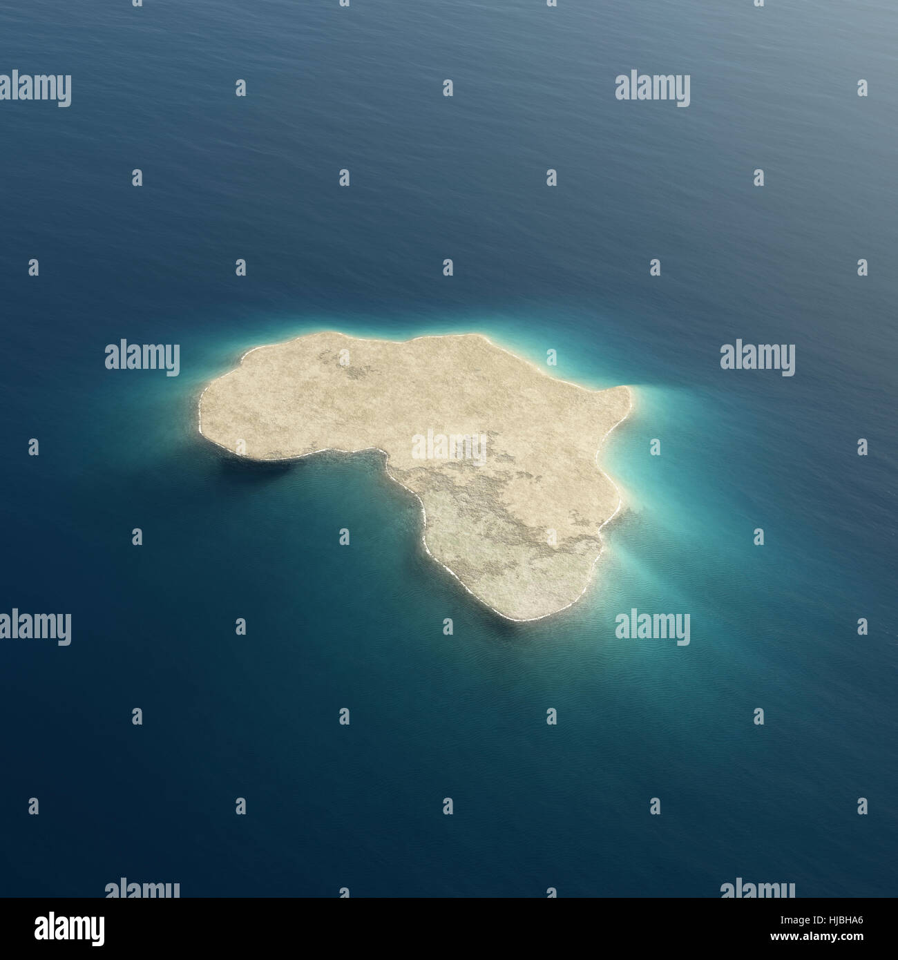 África se ilustra como una isla rodeada por aguas del océano tropical blue. Imagen de fondo conceptuales en 3D para su uso en diseños Foto de stock