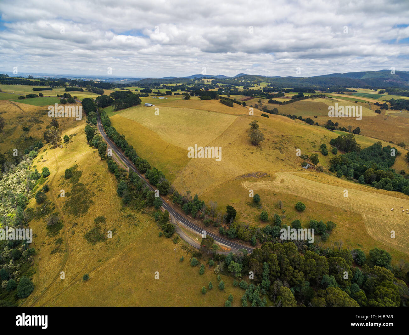 Vista aérea del campo Australiano - Campos amarillos, colinas y caminos rurales. Foto de stock