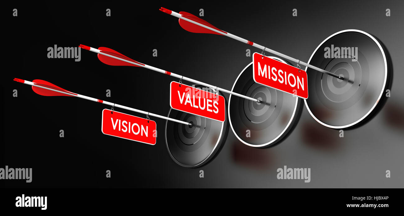 Ilustración 3d de flechas con carteles rojos donde está escrito la visión, la misión y los valores modernos de golpear blancos sobre fondo negro. La empresa afirmación Foto de stock