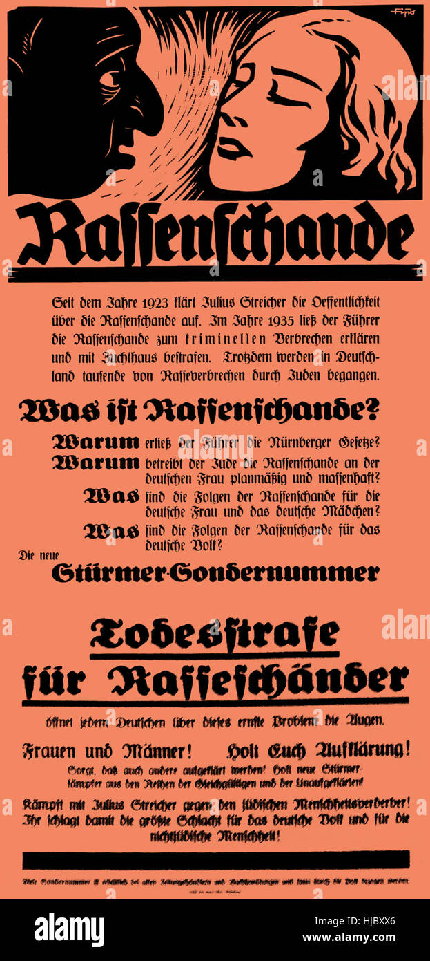 DER STÜRMER 1923-1945 periódico de propaganda nazi. Cartel antisemita en 1935 listado qué se consideraba Rassenschande (racial vergüenza). Incluye el nombre del editor del periódico que Julius Streicher fue ahorcado en Nuremberg en 1946. Foto de stock