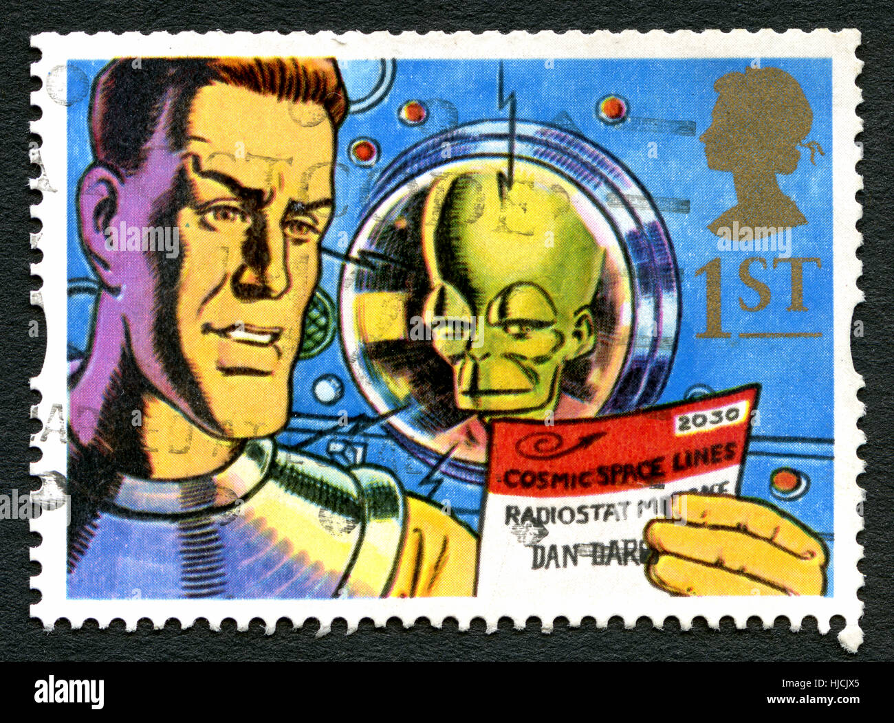 Gran Bretaña: circa 1994: Un sello utilizado en el Reino Unido, mostrando una ilustración del héroe de cómic, Dan Dare y su archienemiga la Mekon, circa Foto de stock