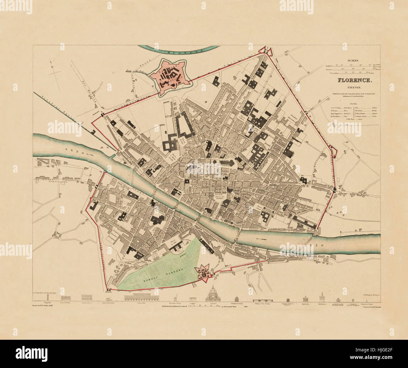 Mapa de Florencia 1835 Foto de stock