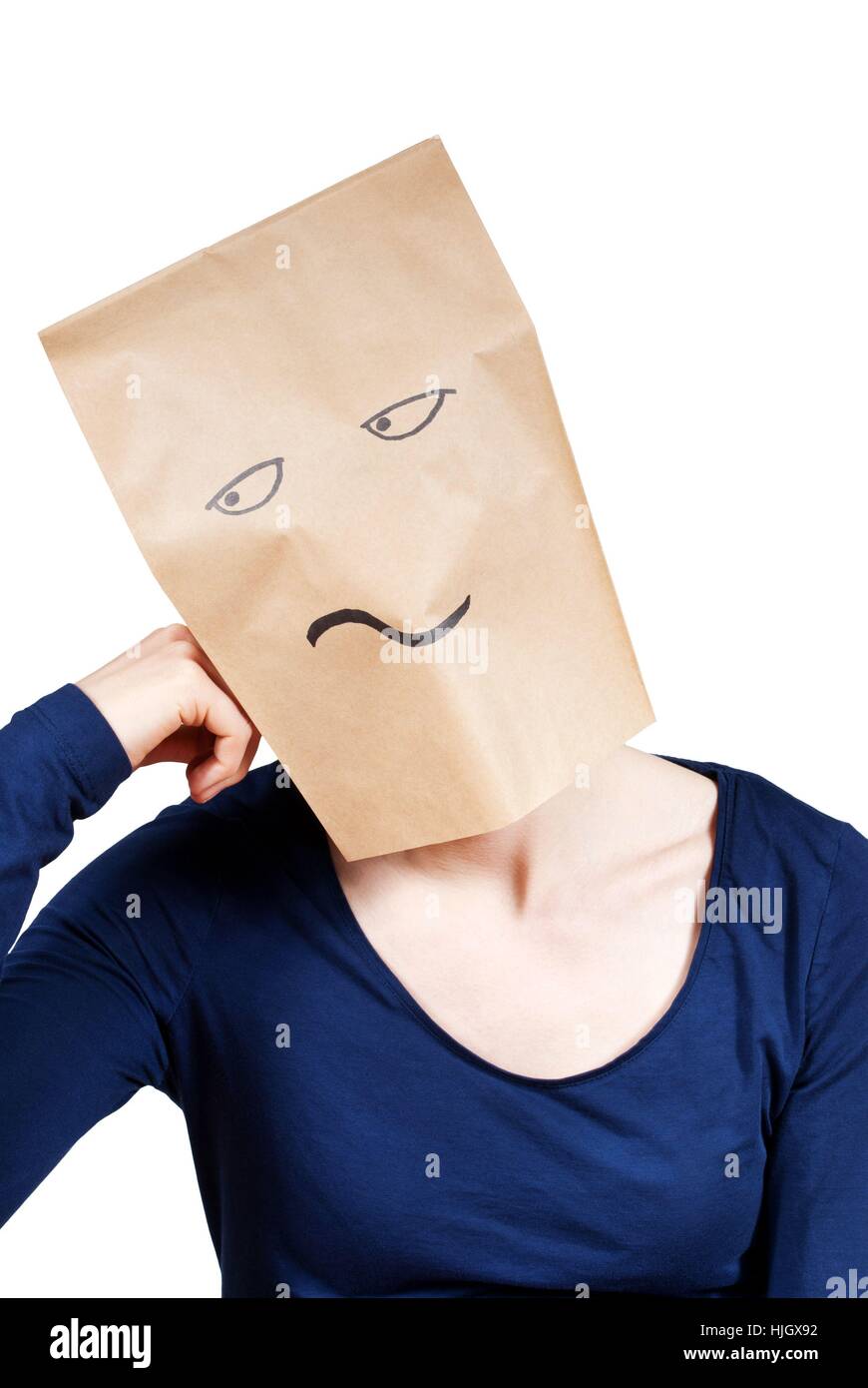 Una persona con una bolsa de papel de cabeza simbolizando el aburrimiento,  aislado Fotografía de stock - Alamy