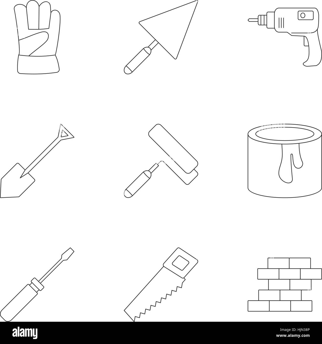 Herramientas de creación de conjunto de iconos. Ilustración del esquema 9 herramientas  para la construcción de iconos vectoriales para web Imagen Vector de stock  - Alamy