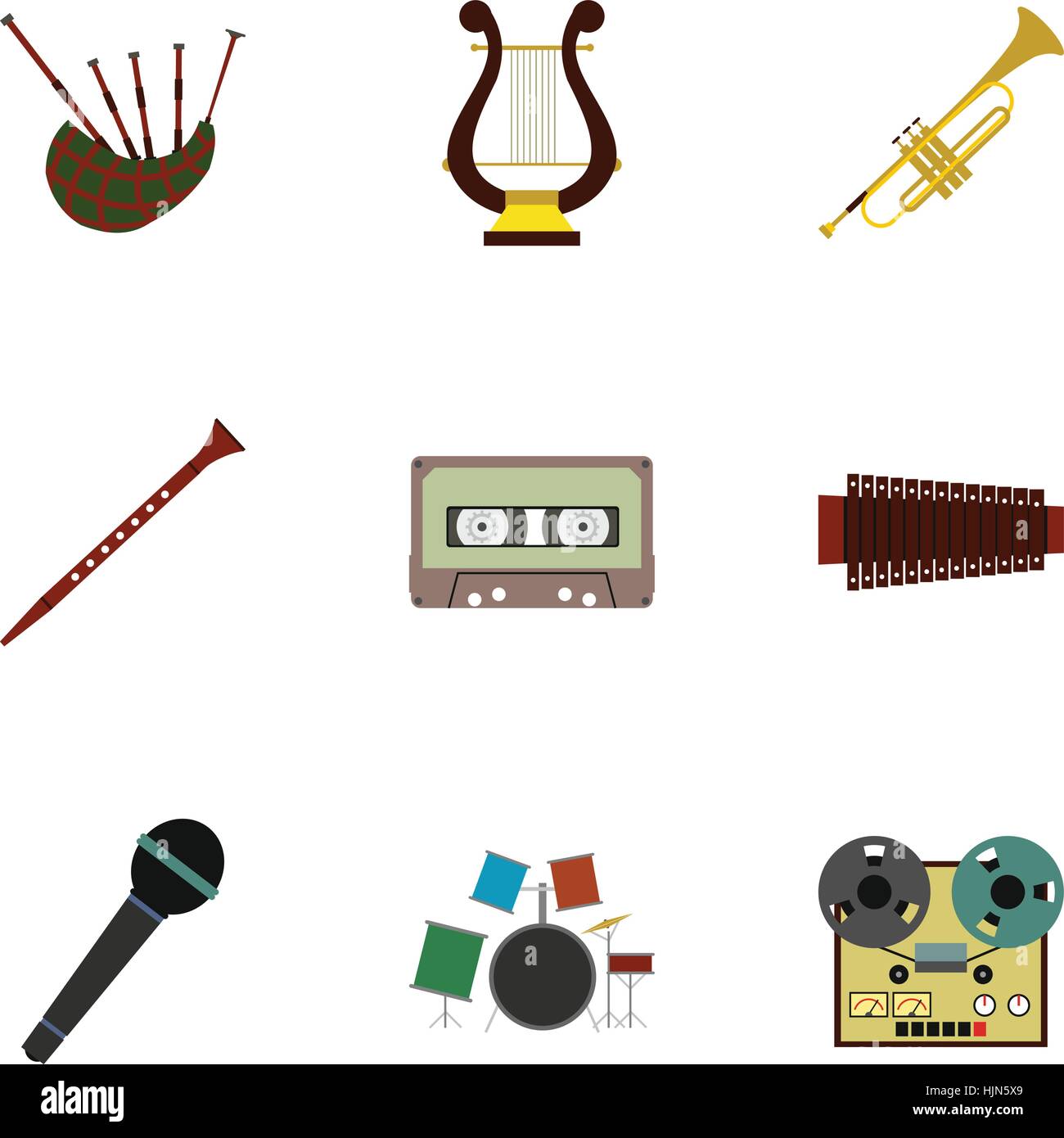 Iconos de instrumentos musicales. Ilustración plana de 9 instrumentos