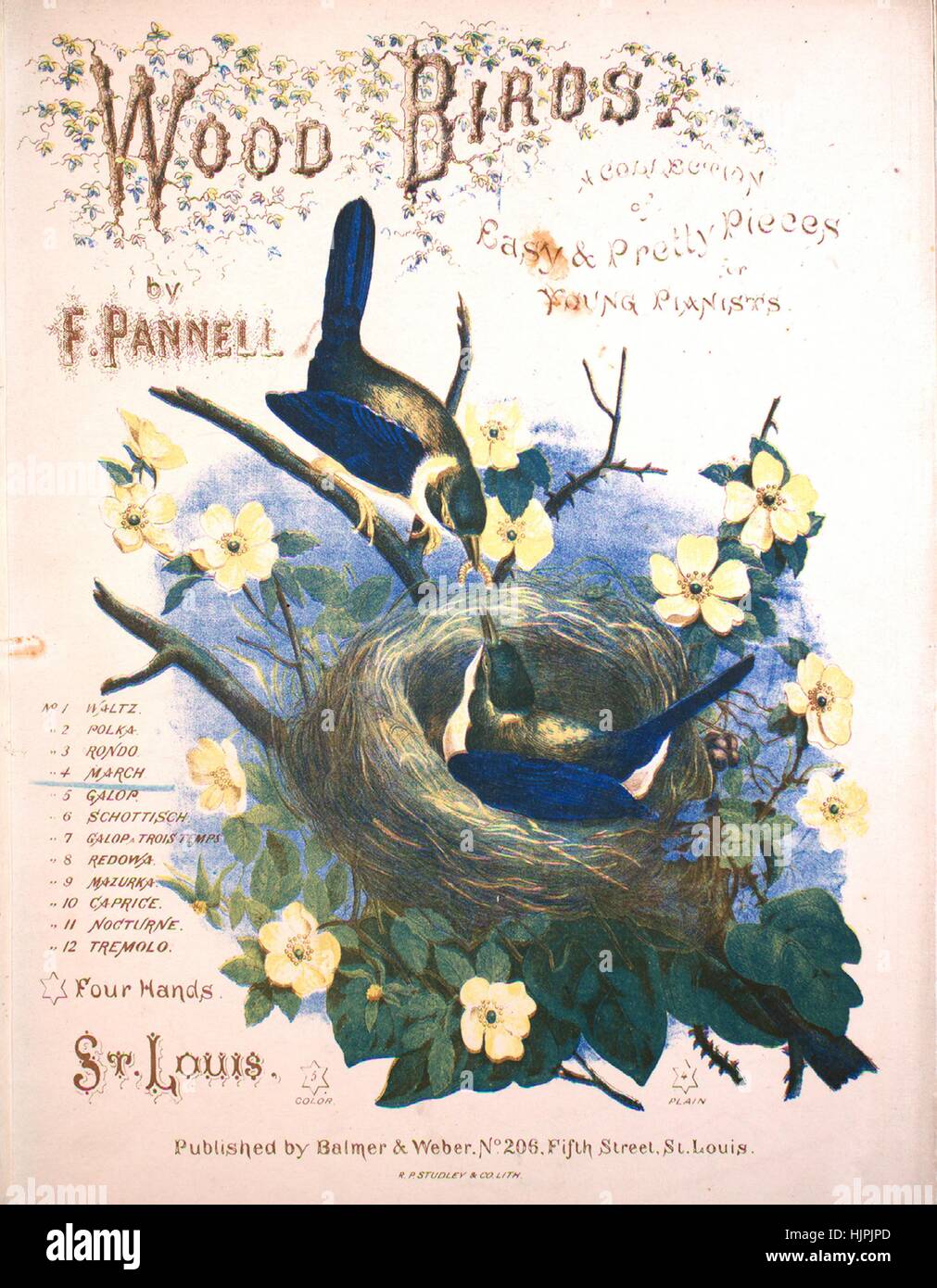 Imagen de cubierta de partituras de la canción "Madera aves una colección  de piezas sencillas y bonitas para jóvenes pianistas de Marzo", con notas  de autoría original leyendo 'Por F Pannell', 1869.