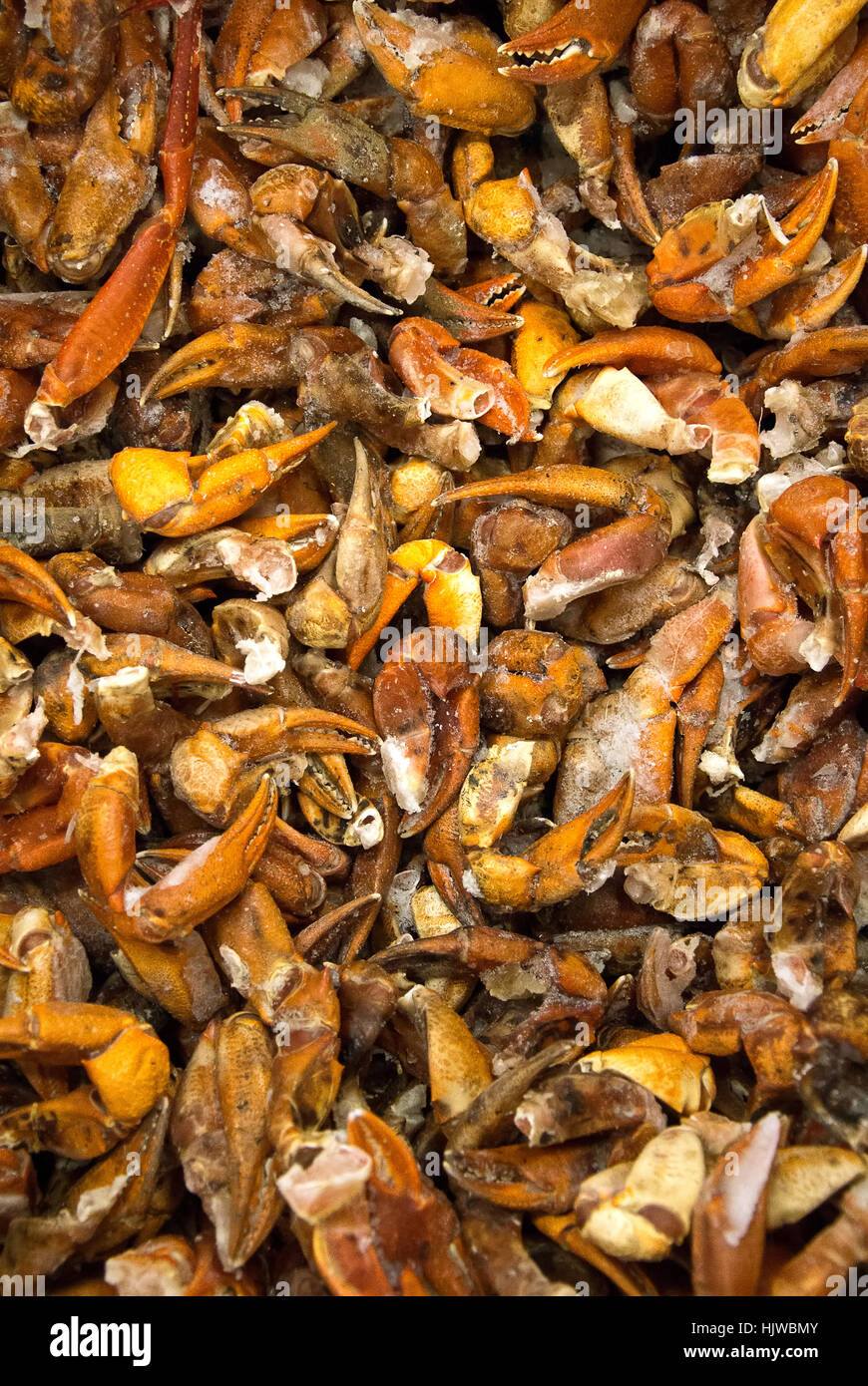 Pinzas de cangrejo congelados en el mercado. Foto de stock