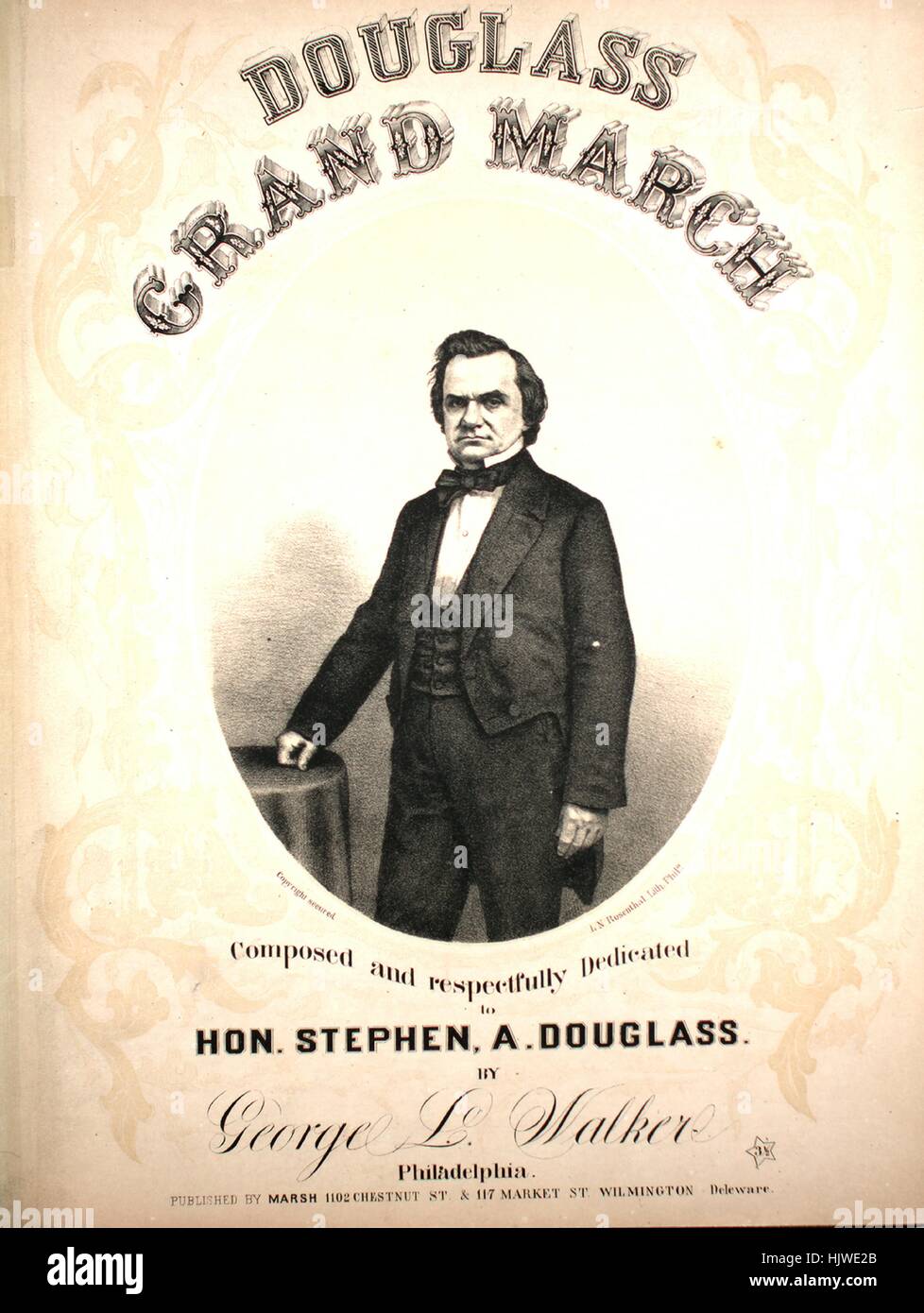 Imagen de cubierta de partituras de la canción ' Douglass [sic] Gran marcha", con notas de autoría original leyendo 'compuesto por George L Walker', Estados Unidos, 1859. El editor está catalogado como 'Marsh, 1102 Chestnut St.', la forma de composición es 'sectional [quote 'Libertad Duett de I Puritani']', la instrumentación es 'Piano', la primera línea dice 'Ninguno', y la ilustración artista está clasificada como 'L.N. Rosenthal. Lith. Phila'. Foto de stock