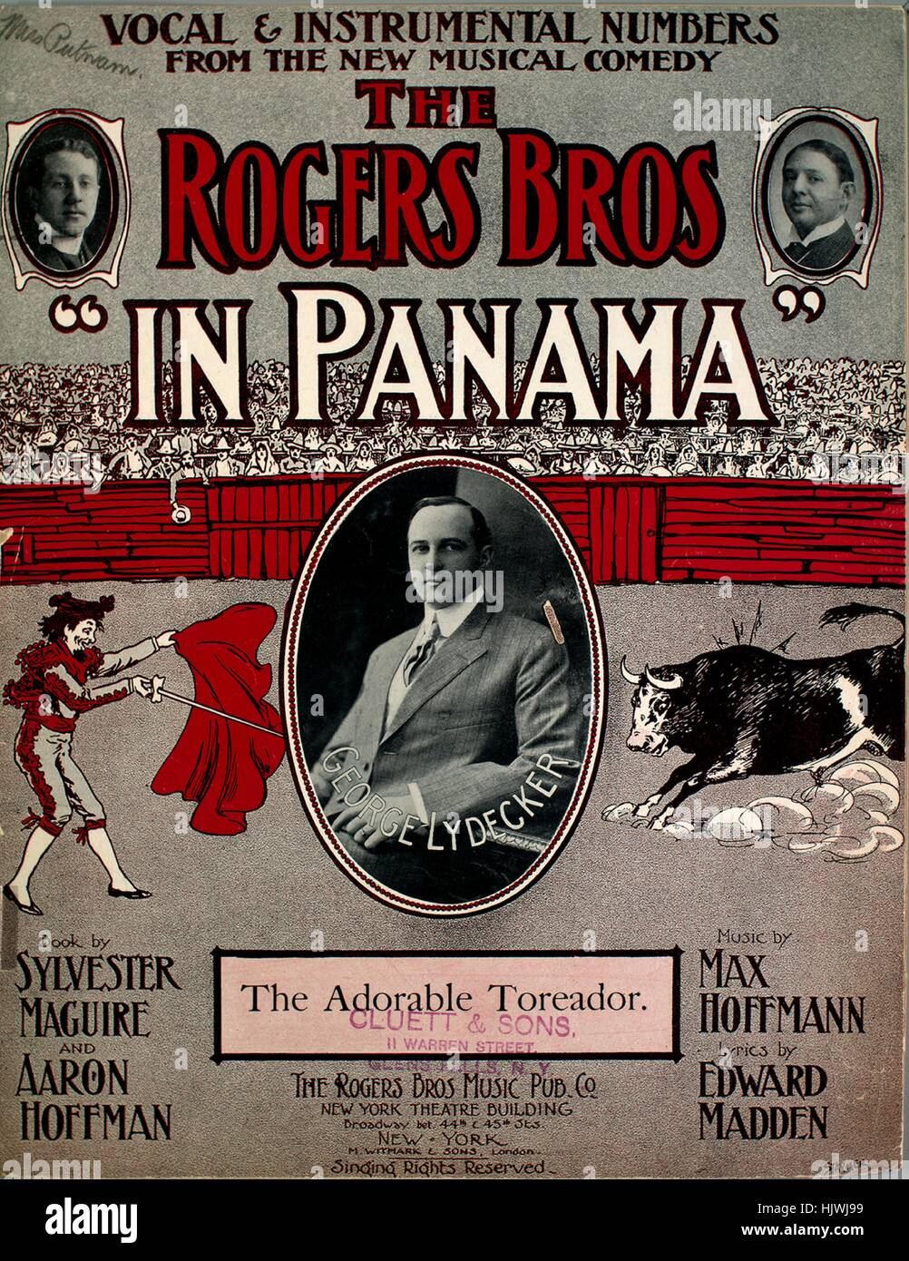 Imagen de cubierta de partituras de la canción 'Números vocales e  instrumentales de la nueva comedia musical del Rogers Bros, 'en Panamá' a  los adorables Toreador", con notas de autoría original leyendo '