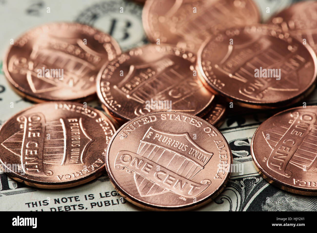 Macro de monedas de un centavo de dinero de EE.UU. Foto de stock