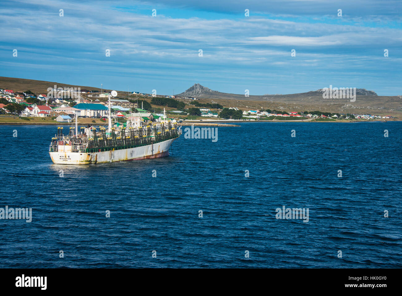 Calamares chinos arrastrero en Stanley, capital de las Islas Malvinas, América del Sur Foto de stock