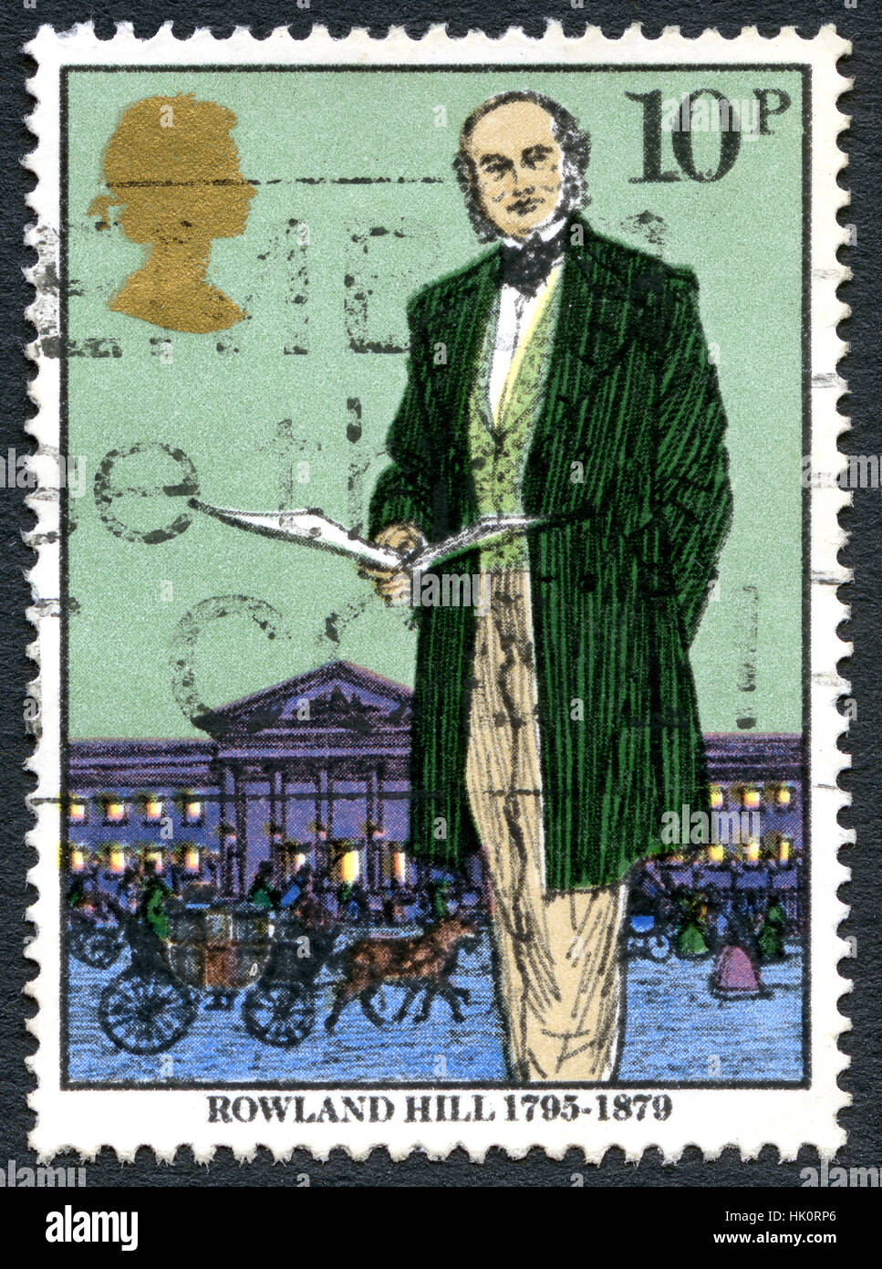 Gran Bretaña: circa 1979: Un sello utilizado en el Reino Unido, mostrando una ilustración del inventor y reformador social Rowland Hill, circa 1979. Foto de stock