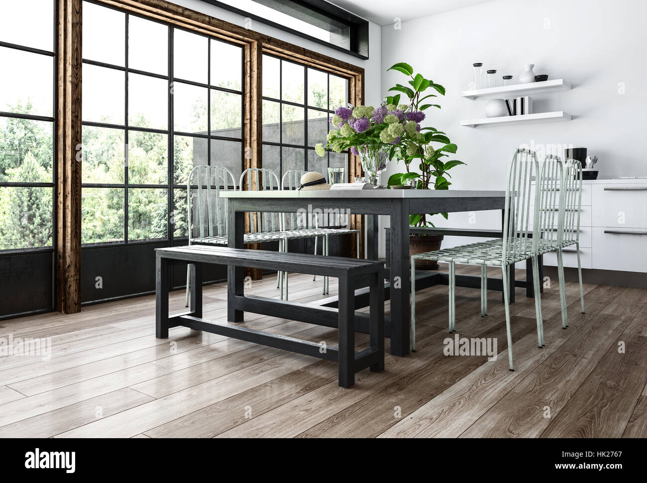Un moderno comedor en el interior minimalista con sillas y bancos ... Un moderno comedor en el interior minimalista con sillas y bancos ...