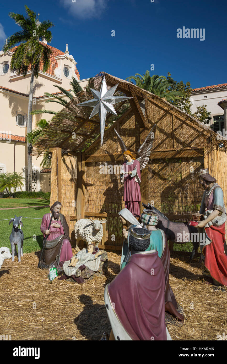 Tamaño de la vida al aire libre pesebre navideño iglesia de la Pequeña Flor Coral Gables, Florida, EE.UU. Foto de stock