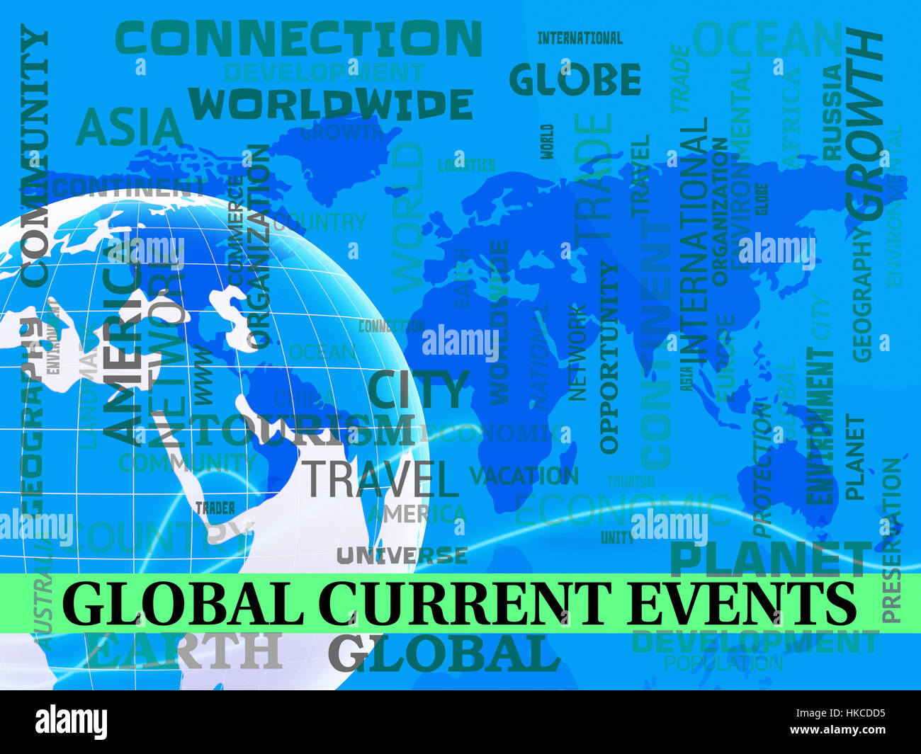 Los actuales acontecimientos mundiales mapa indicando World News Ilustración 3d Foto de stock