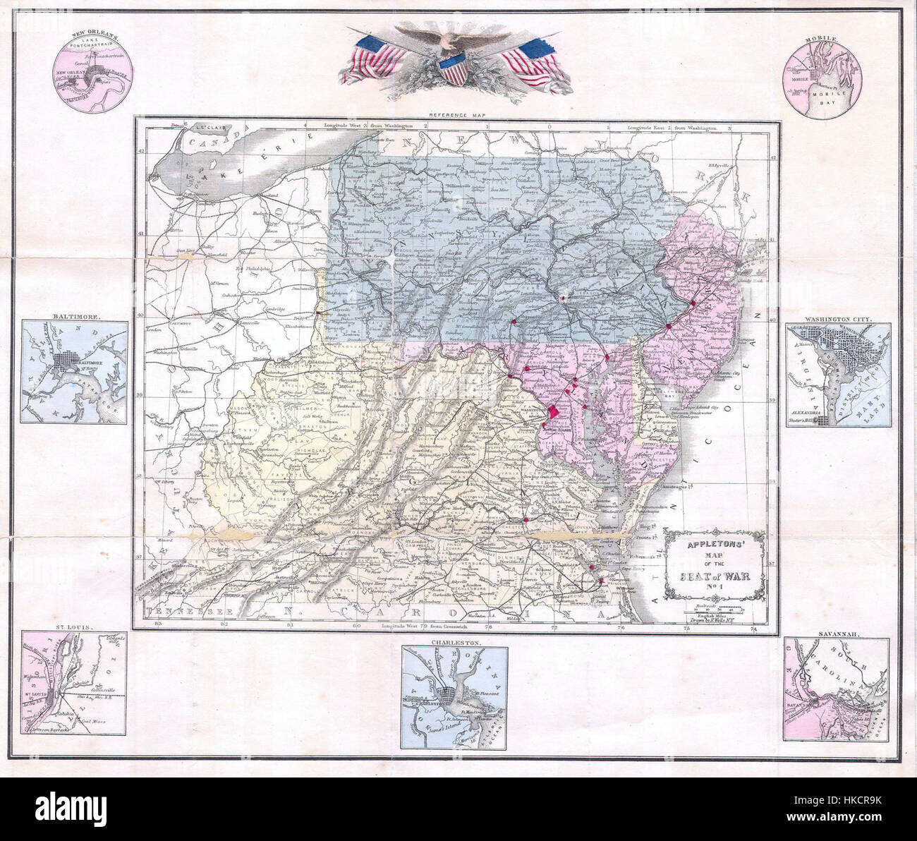 1861 Appleton Mapa del asiento de la Guerra Civil (Pennsylvania, Virginia, Maryland, Carolina del Norte Geographicus SeatofCivilWar appleton 1861 Foto de stock