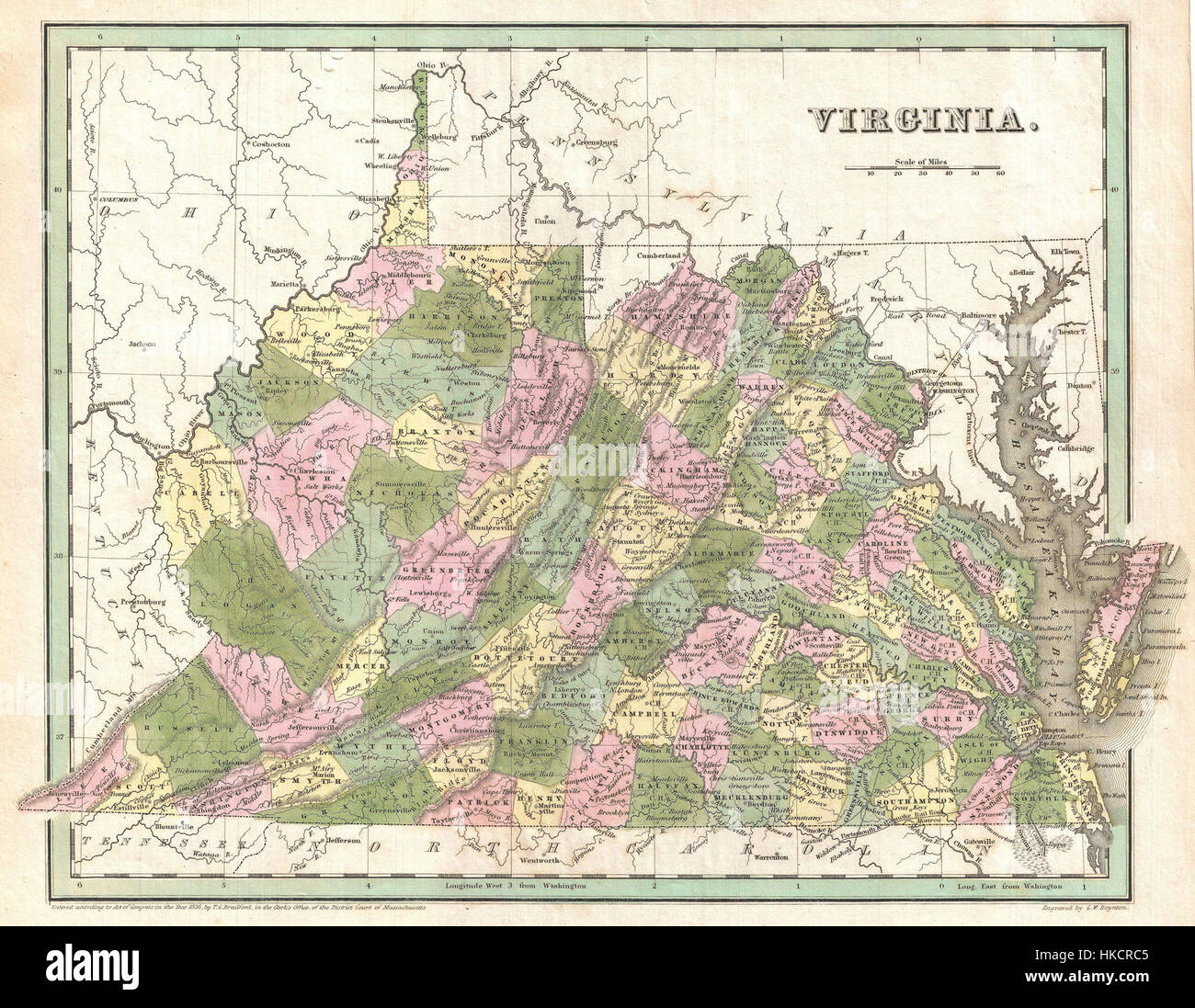 1838 Bradford Mapa de Virginia Virginia Geographicus Bradford 1838 Foto de stock