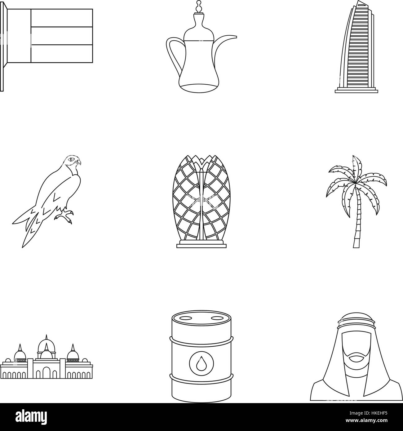 Los iconos de los EAU. Ilustración del esquema 9 iconos vectoriales EAU para web Ilustración del Vector