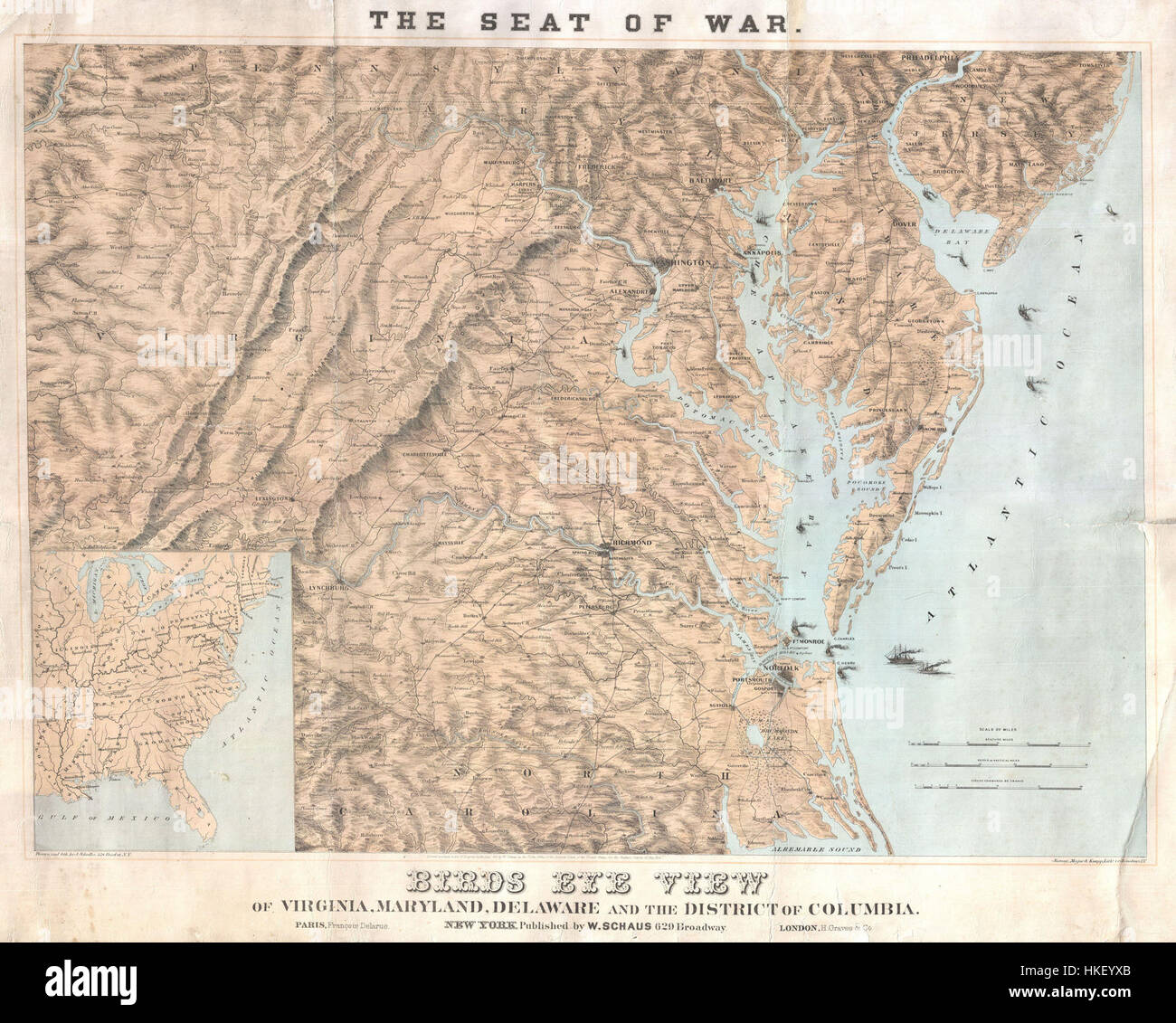 1861 Schaus Bird's Eye View Mapa de Virginia, Delaware y Carolina del Norte (asiento de guerra) Geographicus SeatofWar schaus 1861 Foto de stock