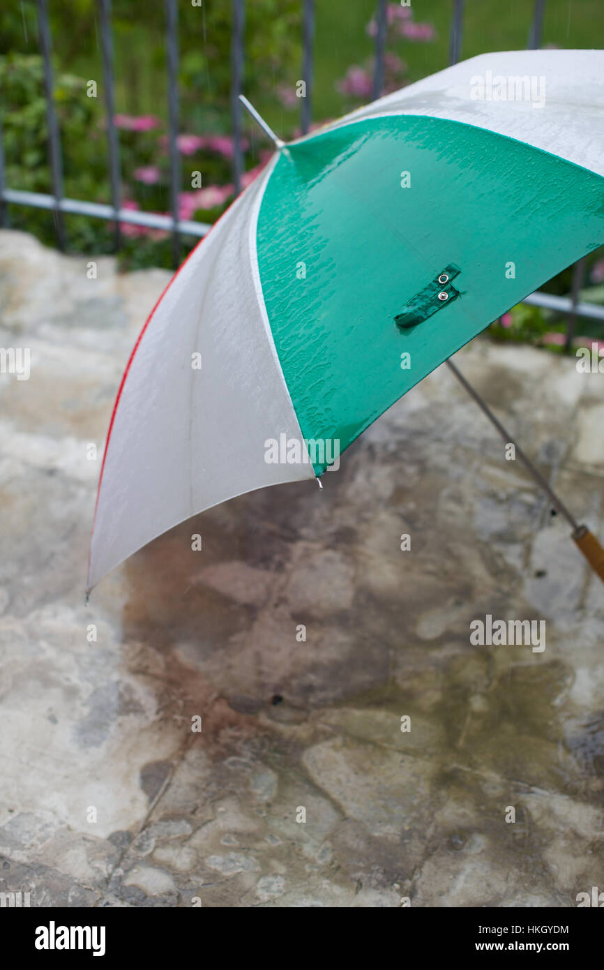 Paraguas mantenidas en suelo mojado. lluvioso, valla, mango, jardín. Foto de stock