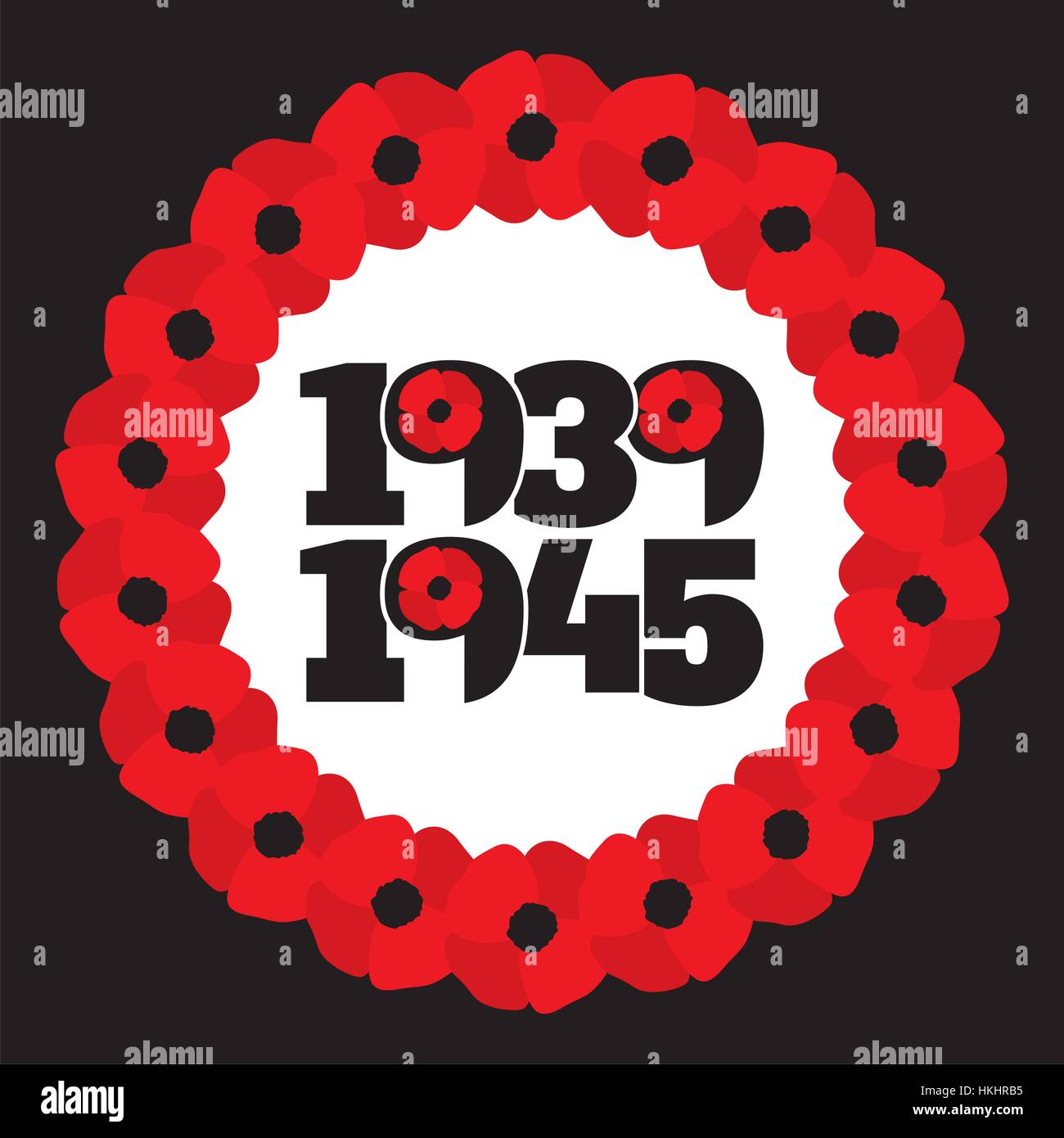 Símbolo conmemorativo de la Segunda Guerra Mundial con las fechas 1939-1945, corona con estilizados y amapolas frase recuerde. Ilustración vectorial en formato EPS8. Ilustración del Vector