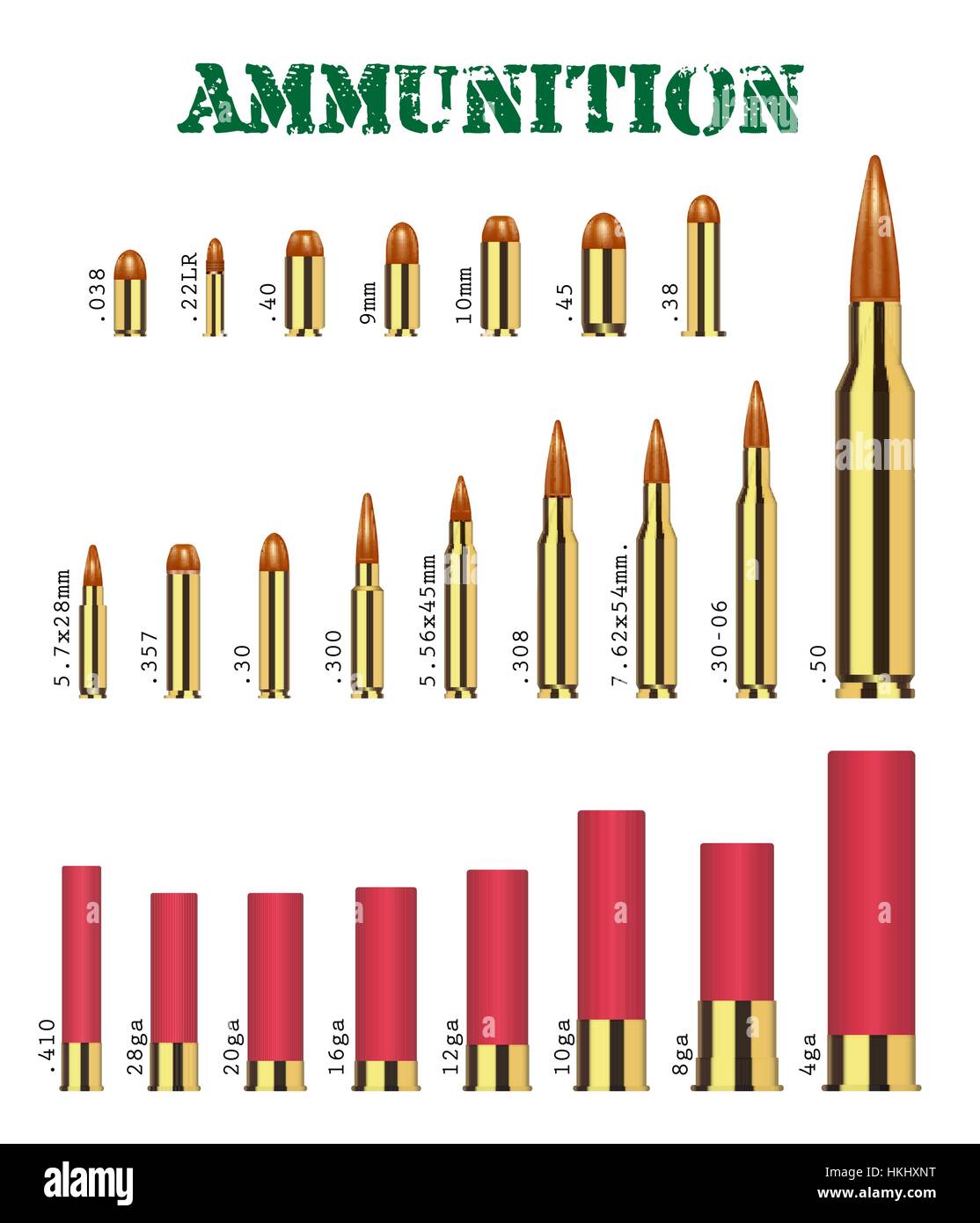 Conjunto real de muchos tipos de munición de pistola vector Ilustración del Vector