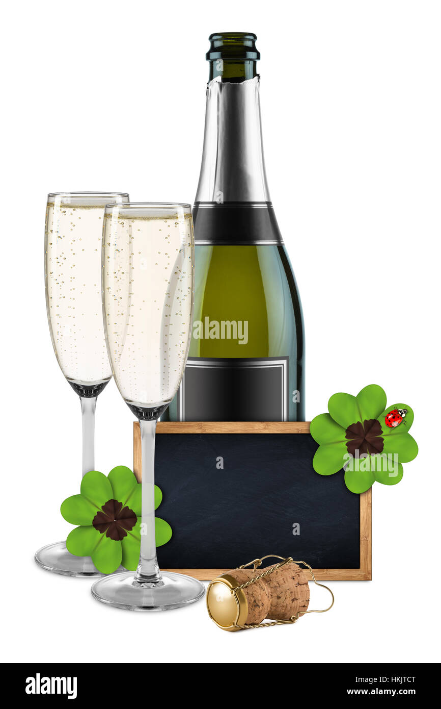 Nochevieja, botella de champaña y copas vacías pizarra pizarra pizarra marco de madera decorado con mariquita y trébol de cuatro hojas Foto de stock