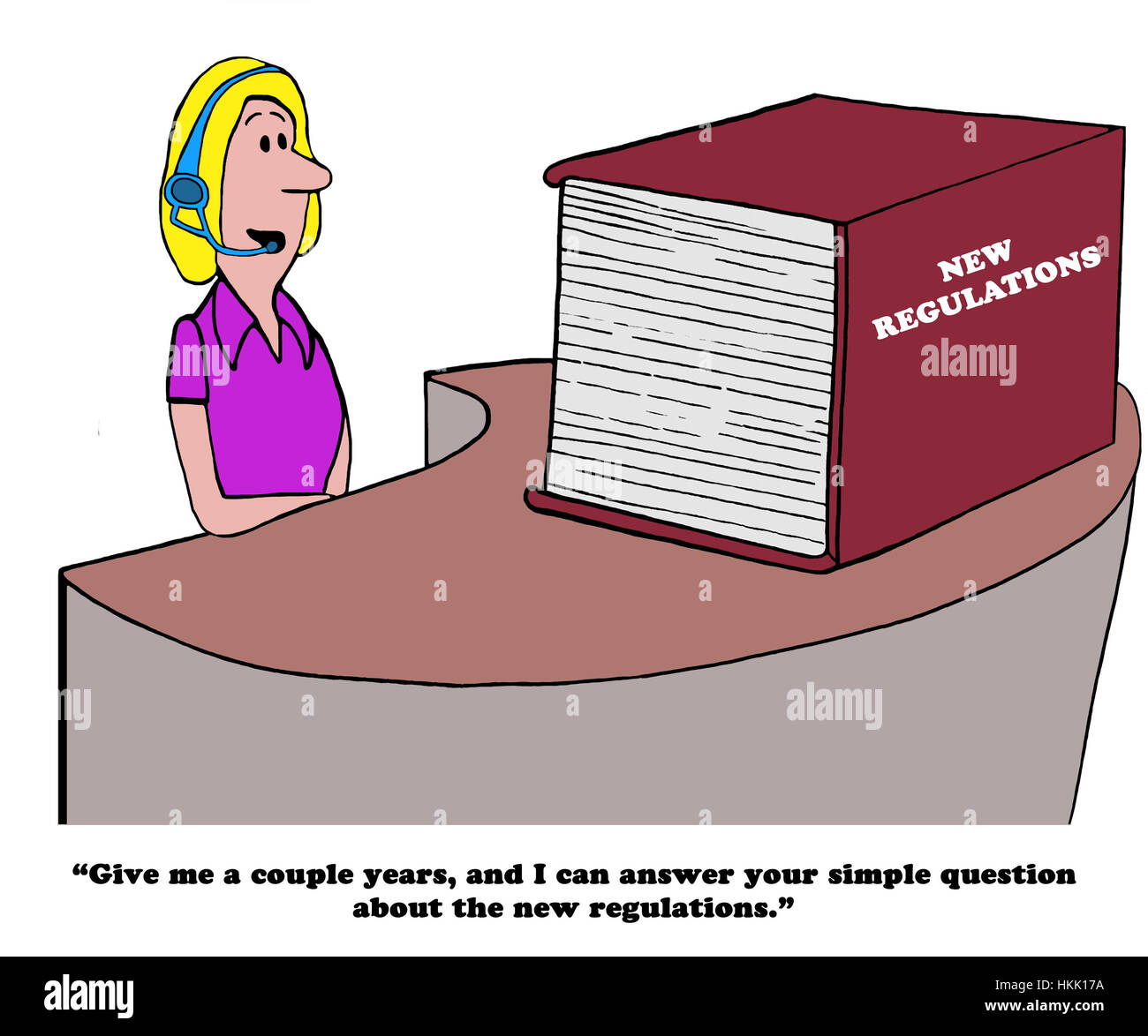 Los negocios y el gobierno cartoon acerca de la dificultad de responder a una simple pregunta porque los nuevos reglamentos son complejas. Foto de stock