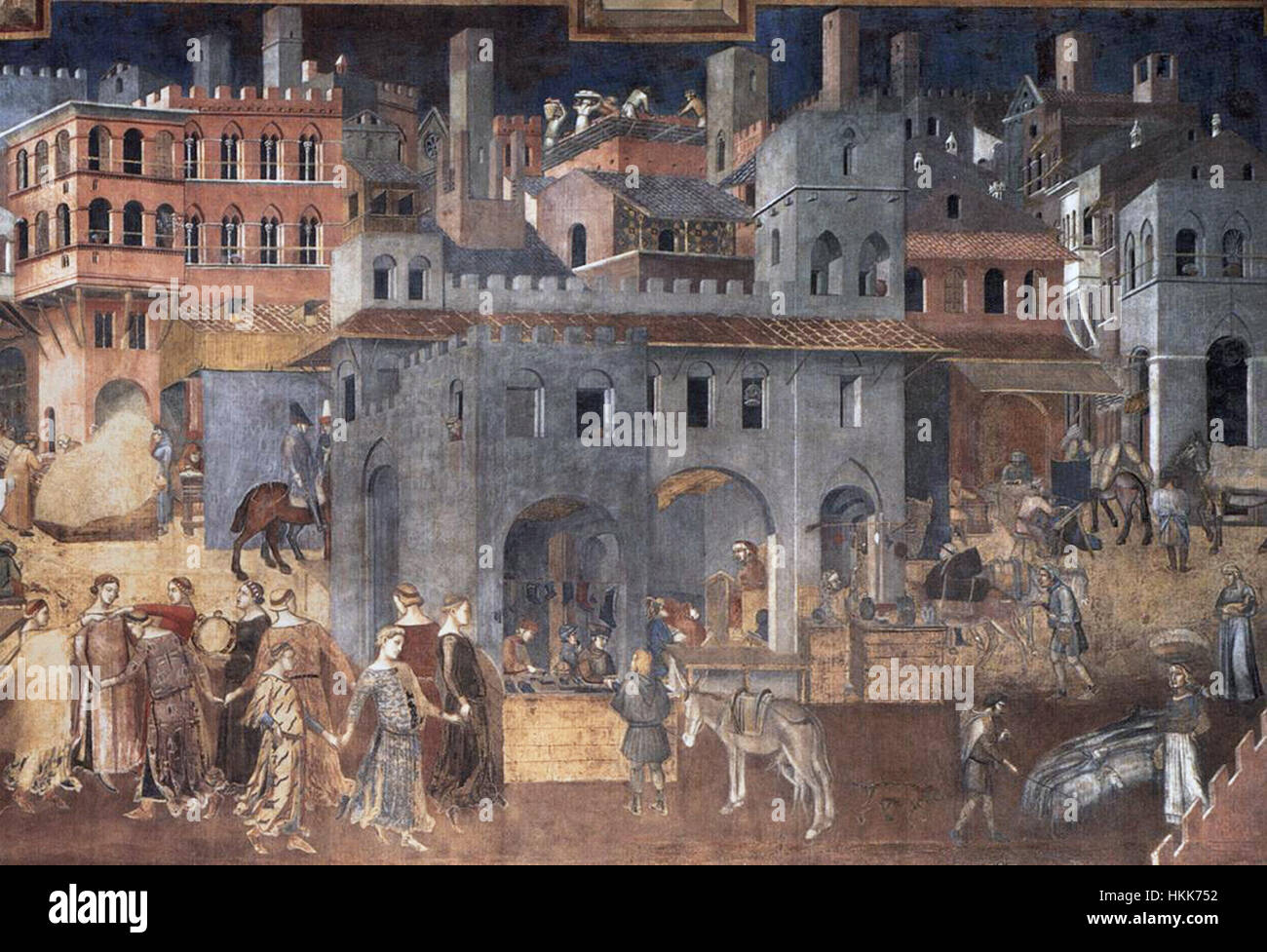Ambrogio Lorenzetti - Efectos del buen gobierno en la vida de la ciudad (detalle) - WGA13491 tono adj Foto de stock