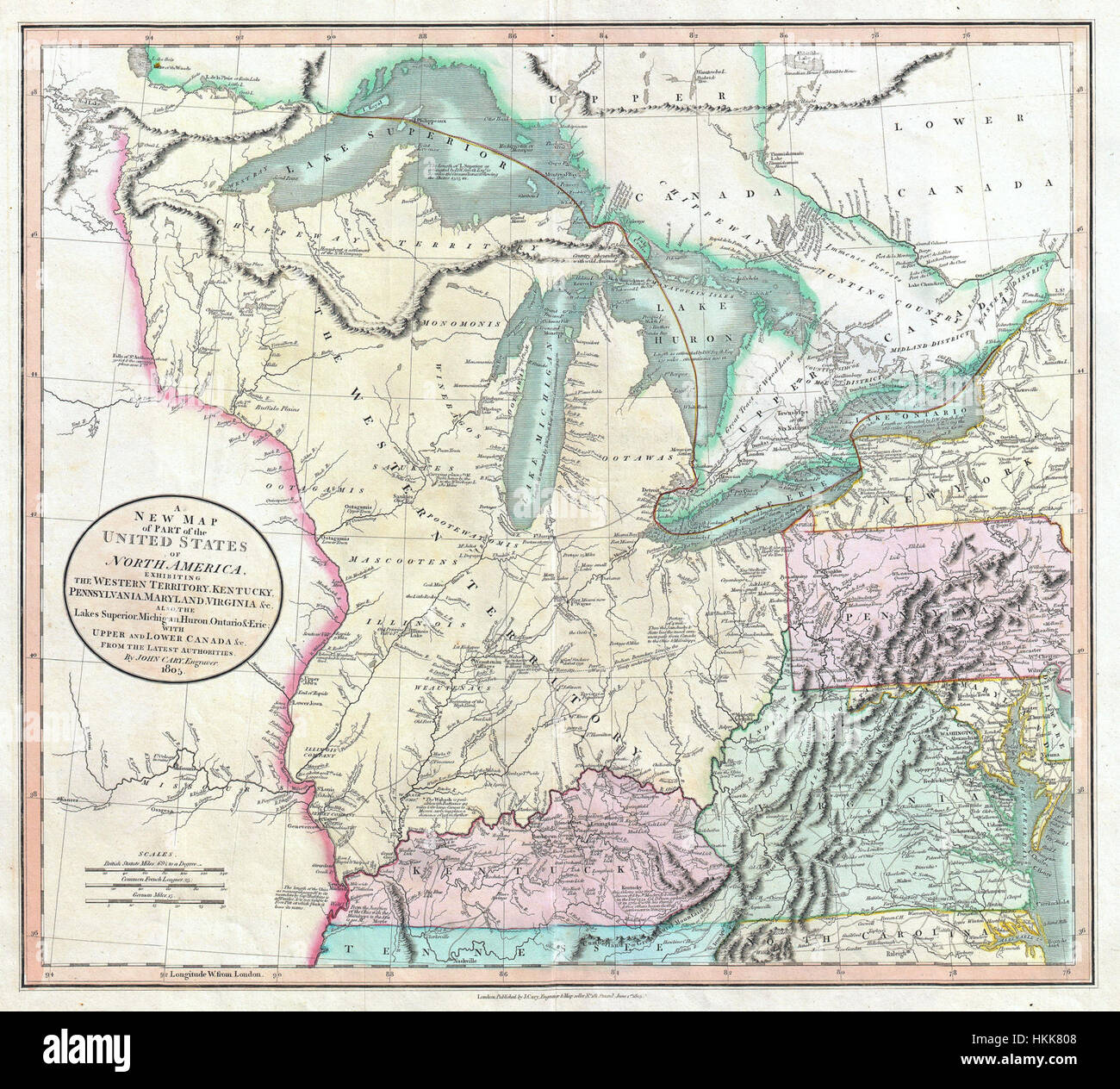 1805 Cary Mapa de los Grandes Lagos y el territorio occidental (Kentucy, Virginia, Ohio, etc..) - Geographicus --WesternTerritory cary-1805 Foto de stock