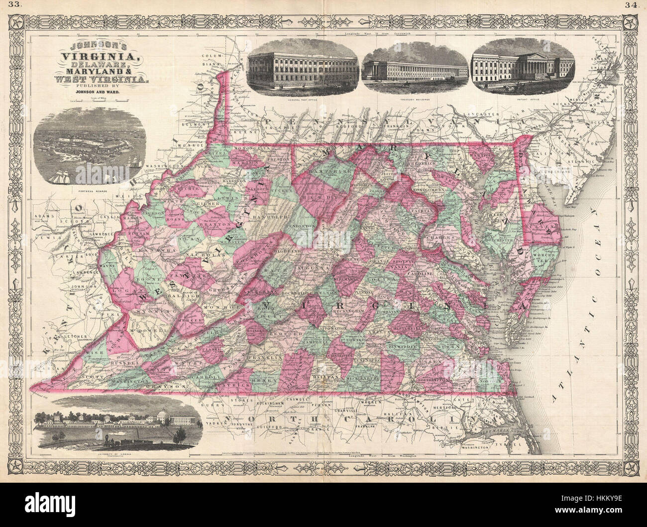 1866 Johnson Mapa de Virginia, West Virginia, Maryland y Delaware - Geographicus - Virginia-johnson-1866 Foto de stock