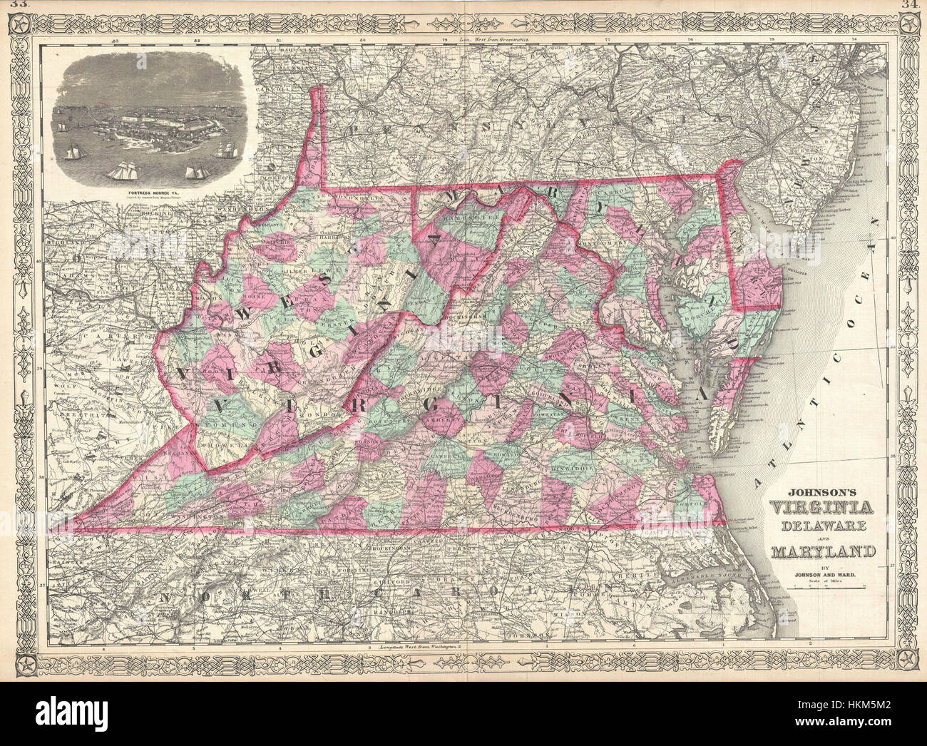 1864 Johnson Mapa de Virginia, West Virginia, Maryland, Delaware - Geographicus - VirginiaWestVirginia-johnson-1864 Foto de stock