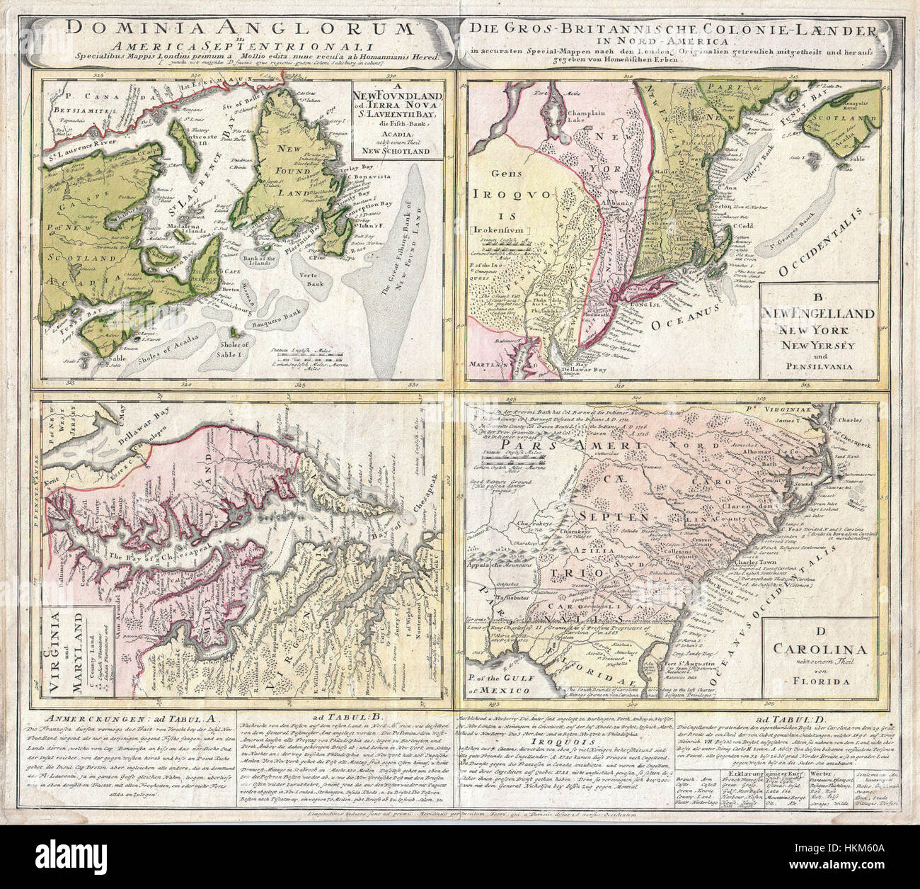 1737 Homann herederos Mapa de Nueva Inglaterra, Georgia y Carolina del Norte y Virginia y Maryland - Geographicus --hmhr DominiaAnglorum-1737 Foto de stock