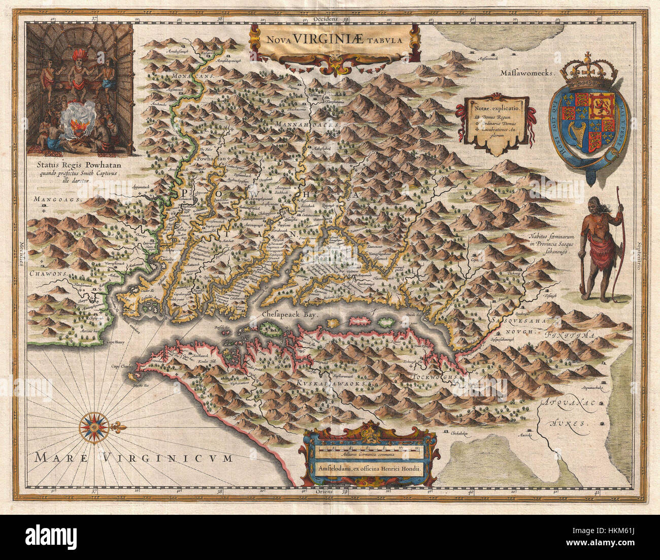 1630 Hondius Mapa de Virginia y la Bahía de Chesapeake - Geographicus --NovaVirginiaeTabula hondius-1630 Foto de stock