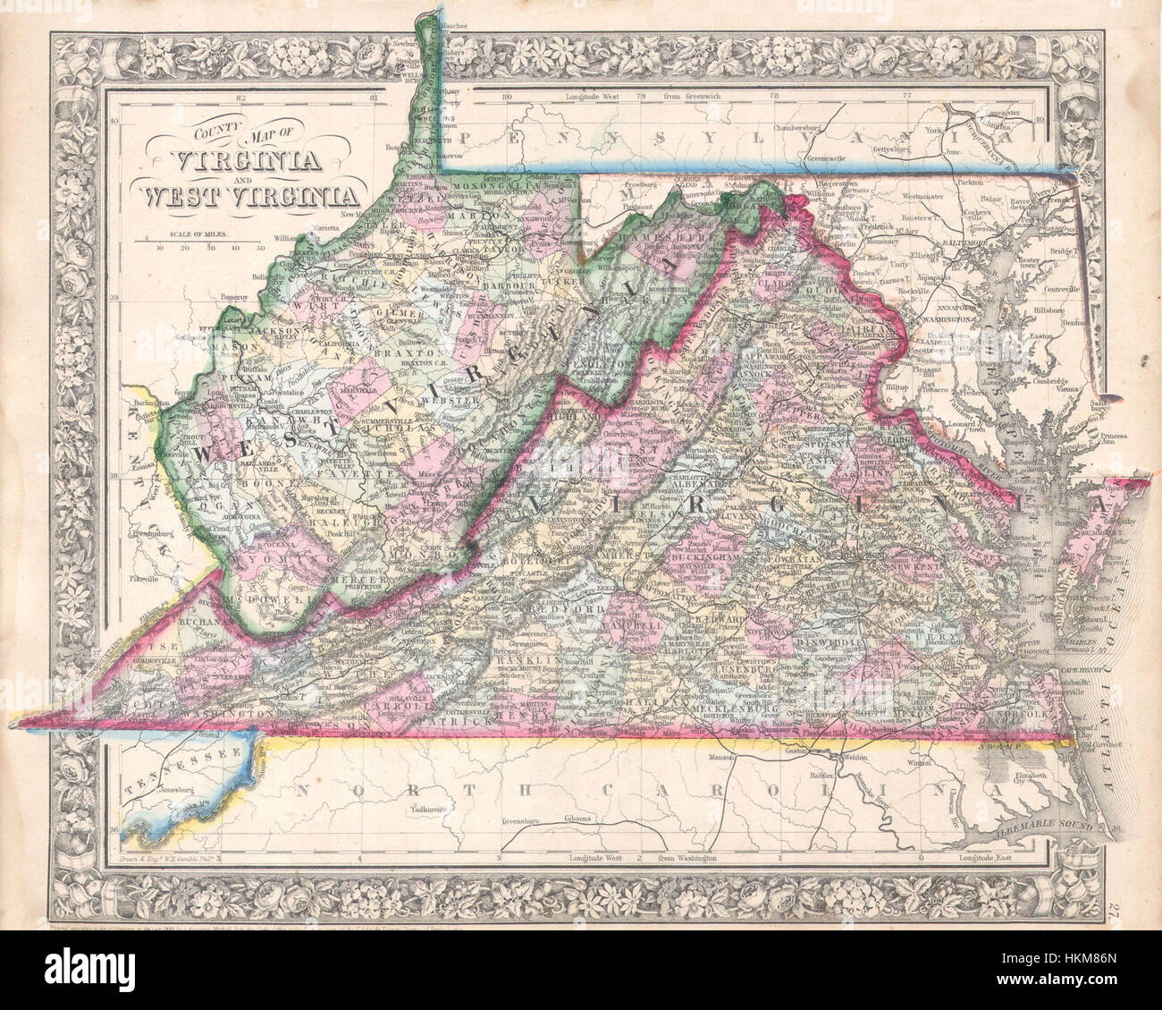 1864 Mitchell Mapa de Virginia, West Virginia y Maryland - Geographicus --VAWV Mitchell-1864 Foto de stock