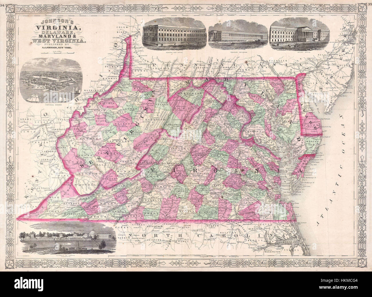 1864 Johnson's Mapa de Virginia, Delaware, Maryland y Virginia Occidental - Geographicus - VAWV-J-64 Foto de stock