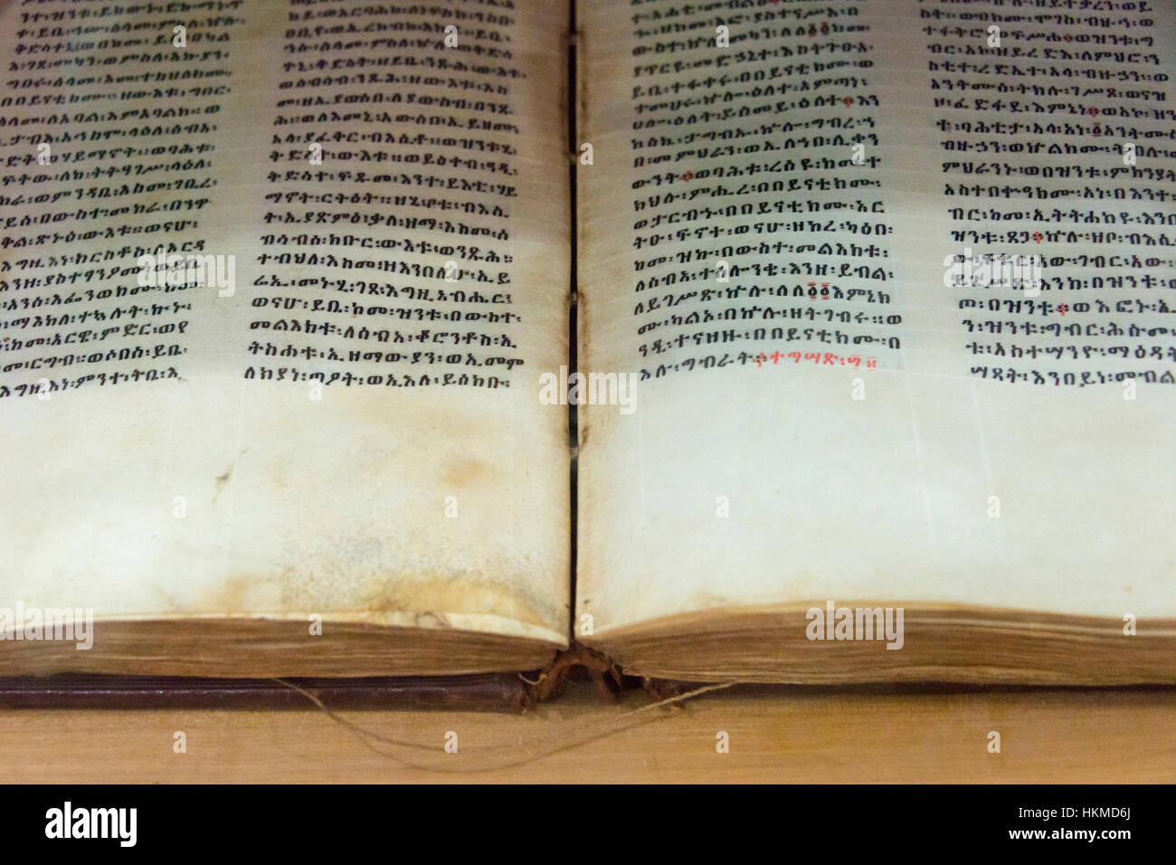 Biblia hecha de piel de oveja en 14th-century Ura Kidane Mehret monasterio (iglesia ortodoxa etíope), el lago Tana, Etiopía Foto de stock