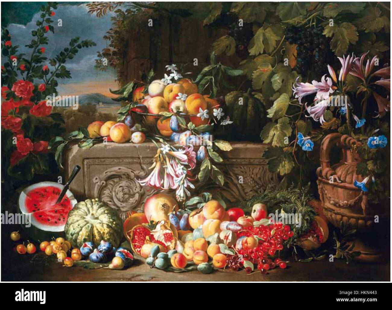Abraham Brueghel - un bodegón de sandía, cerezas, melocotones, albaricoques, ciruelas, granadas e higos, con lirios, rosas, morning glory y otras flores en un relieve de piedra de acanto Foto de stock