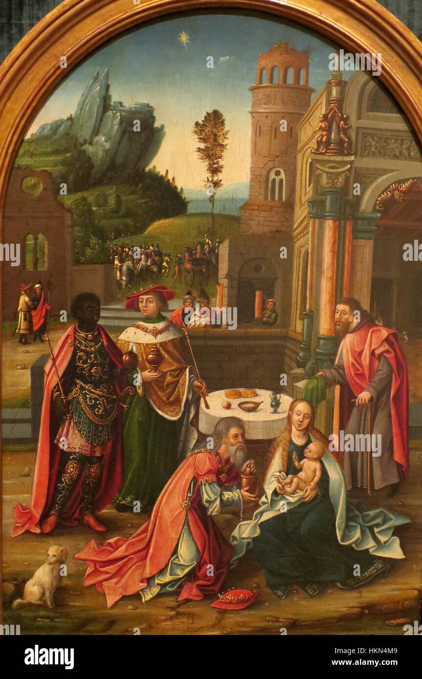 "La adoración de los magos", Escuela Flamenca oleo sobre madera pintura, Amberes, a principios del siglo XVI Foto de stock