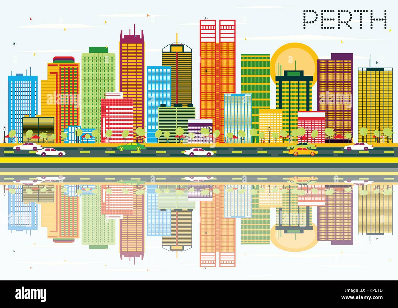 Ciudad de Perth con edificios de color, cielo azul y reflejos. ilustración vectorial. Viajes de negocios y turismo concepto banner para la presentación de la imagen. Ilustración del Vector