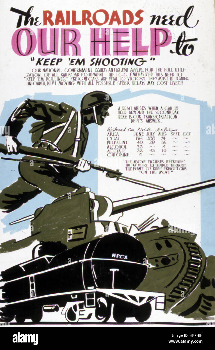 Los ferrocarriles necesitan nuestra ayuda...la producción americana impulsar póster acerca de 1942 emitido por la Oficina de Manejo de Emergencias. Foto de stock