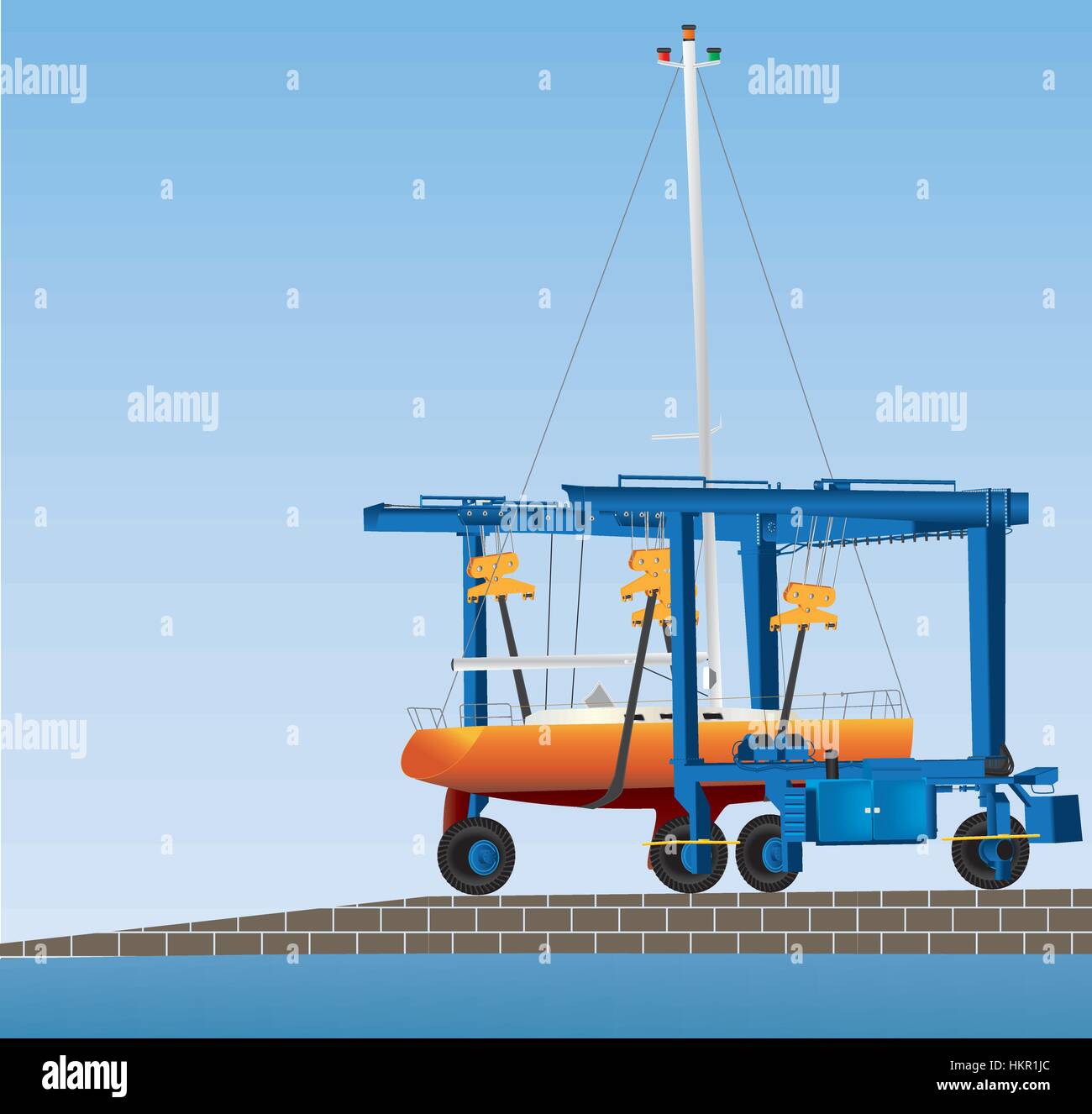 Un detallado dibujo vectorial de un astillero grúa pórtico levantar un yate fuera del agua para el mantenimiento Ilustración del Vector