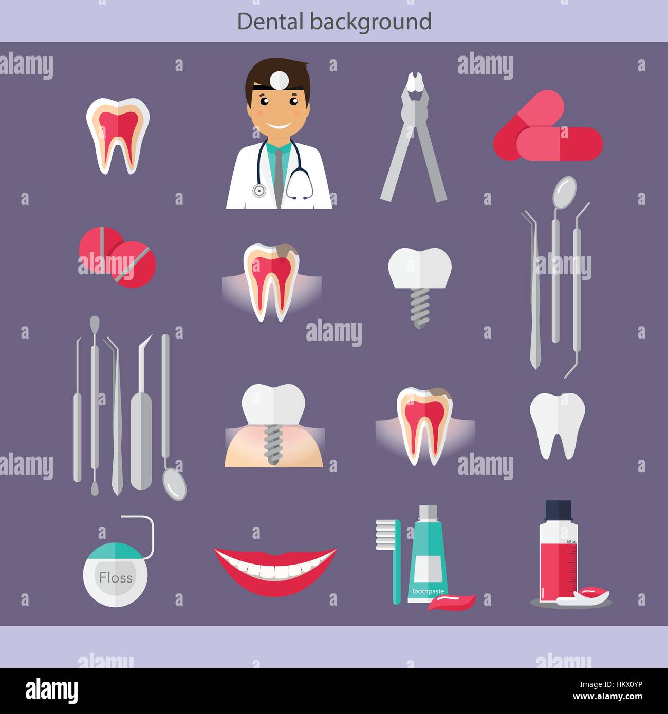 Antecedentes médicos y odontológicos. Dentista con dientes, las drogas, el dentista  herramientas e instrumentos. Ilustración vectorial Imagen Vector de stock -  Alamy