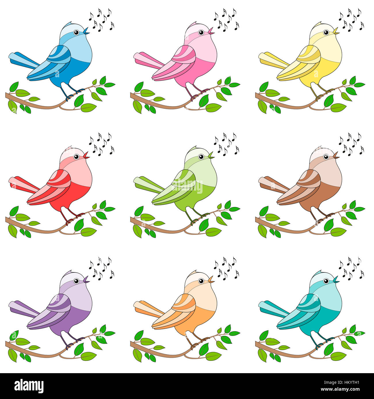 Las aves canoras - nueve twittering coloridos y gorjeos y el canto de los pájaros. Foto de stock