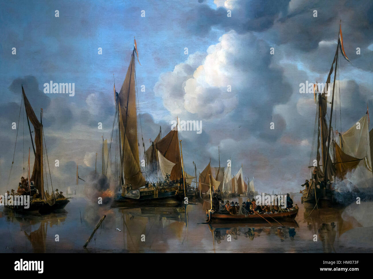 La flota en casa saludando la barcaza estatal, por Jan van de cappelle, 1650, óleo sobre panel, Rijksmuseum, Amsterdam, Países Bajos, Europa Foto de stock